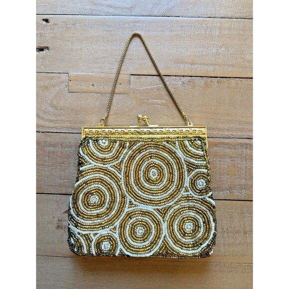 Vintage Gold Beaded Evening Bag Purse Made in Hong Kong - Picture 1 of 12